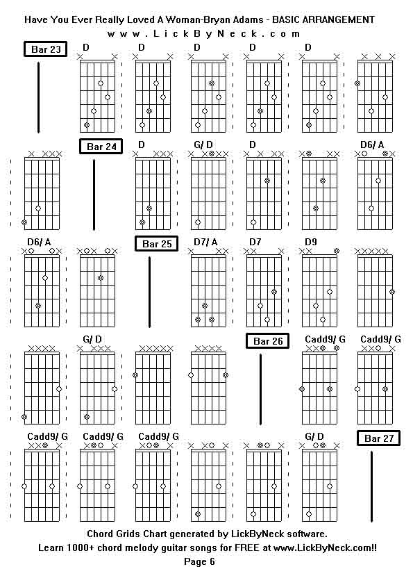 Chord Grids Chart of chord melody fingerstyle guitar song-Have You Ever Really Loved A Woman-Bryan Adams - BASIC ARRANGEMENT,generated by LickByNeck software.